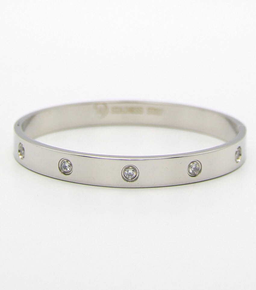 8mm Wide Crystal Pave Stainless Steel Bangle Bracelet (Silver)