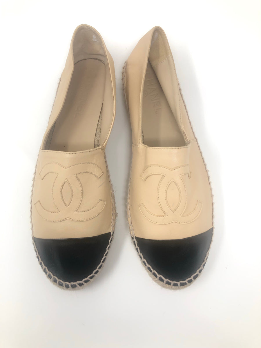 CHANEL, Shoes, Authentic Chanel Lambskin Cc Espadrilles Beige Black Size  36